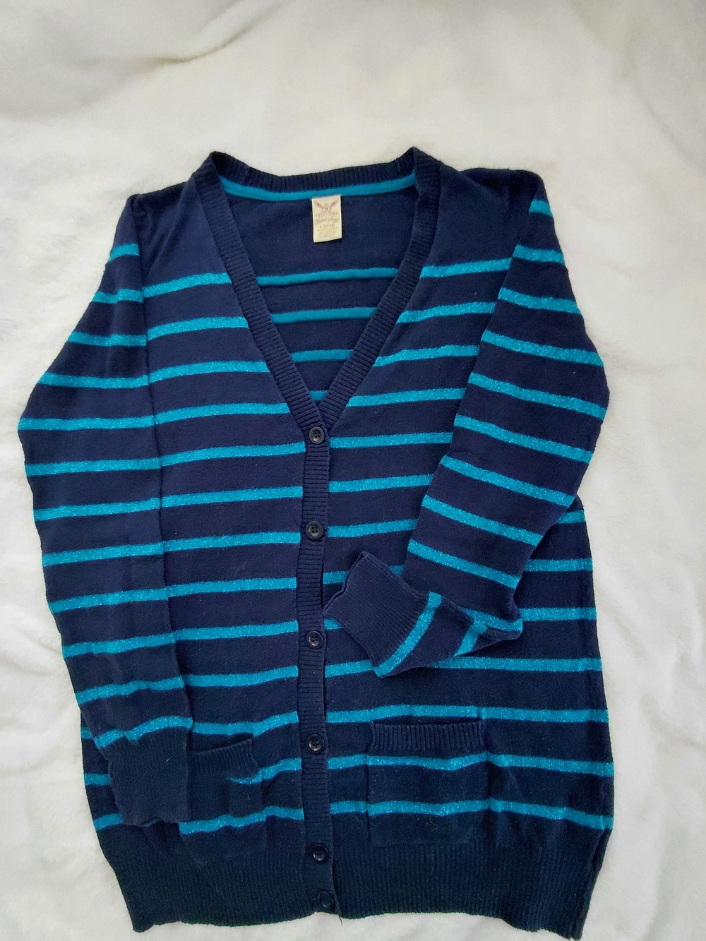 Vintage Faded Glory Navy and Teal Striped Women’s Button Cardigan L